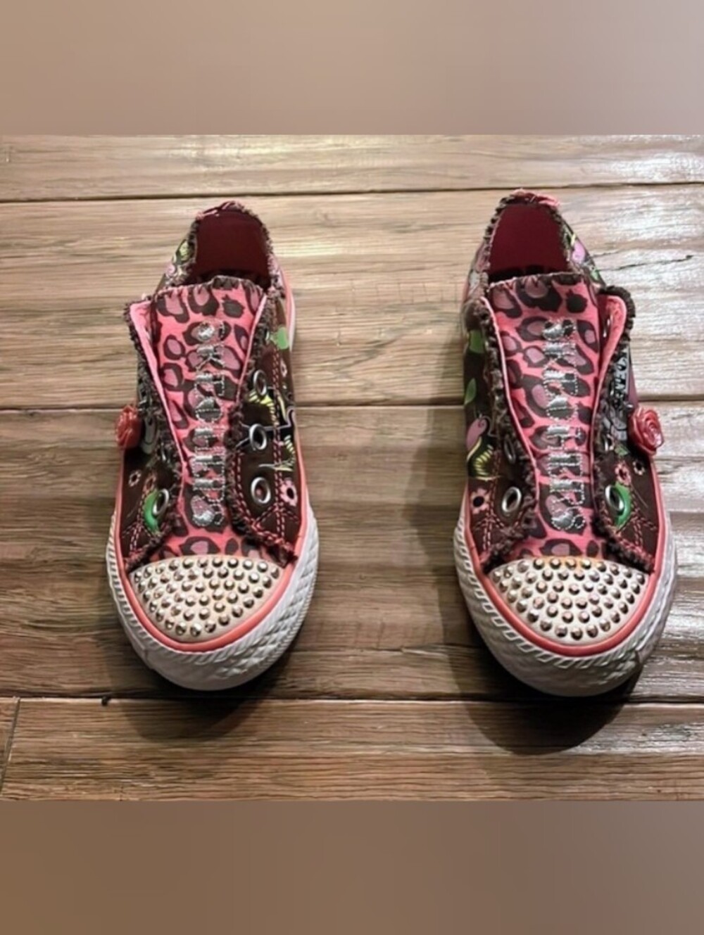 Skechers Pink Tatoo Love Bling Leopard Studded Slip-On No Tie Kids Sneakers